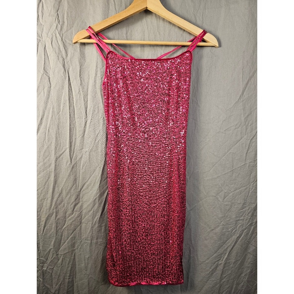 Allegra K Womens Sequin Lace Up Back Mini Dress Magenta Pink XS Cocktail Party